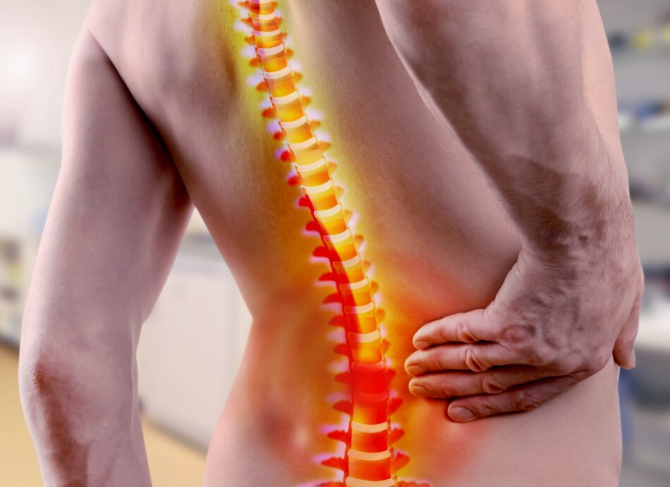 Graphic view of lumbar region of man's spine 