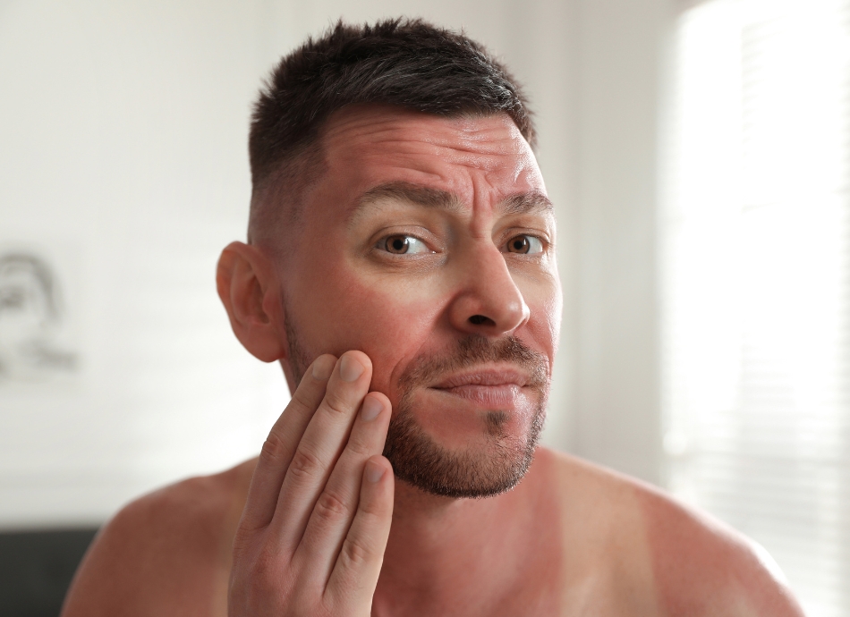 Man with sunburned face and body